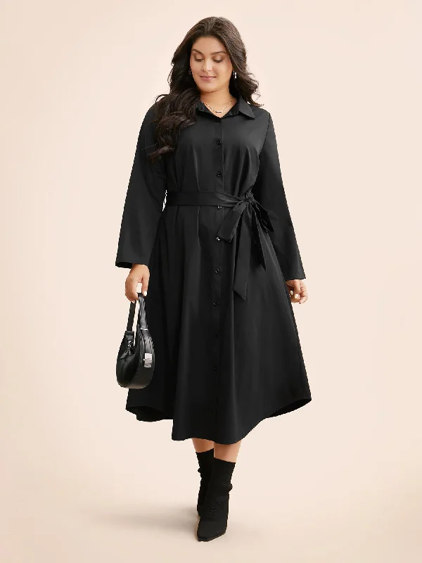 Elegant Women's Attire Luxury Comfort Shirt Collar Curved Hem Midi Dress