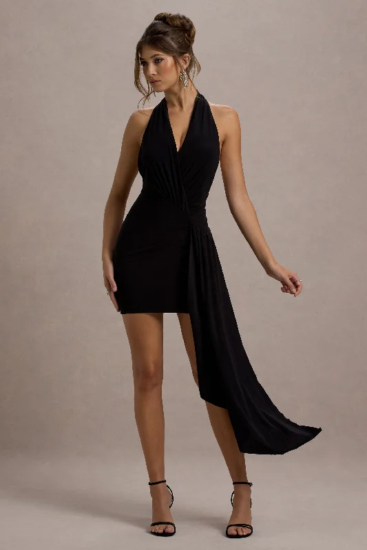 Women's Evening Attire Graceful Drape Sidney | Black Plunge-Neck Draped Wrap Mini Dress