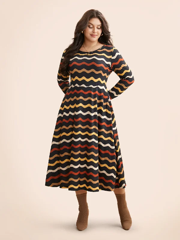 Affordable Luxury Women's Garments Boho - Chic Festival - Ready Style Round Neck Contrast Striped Midi Dress