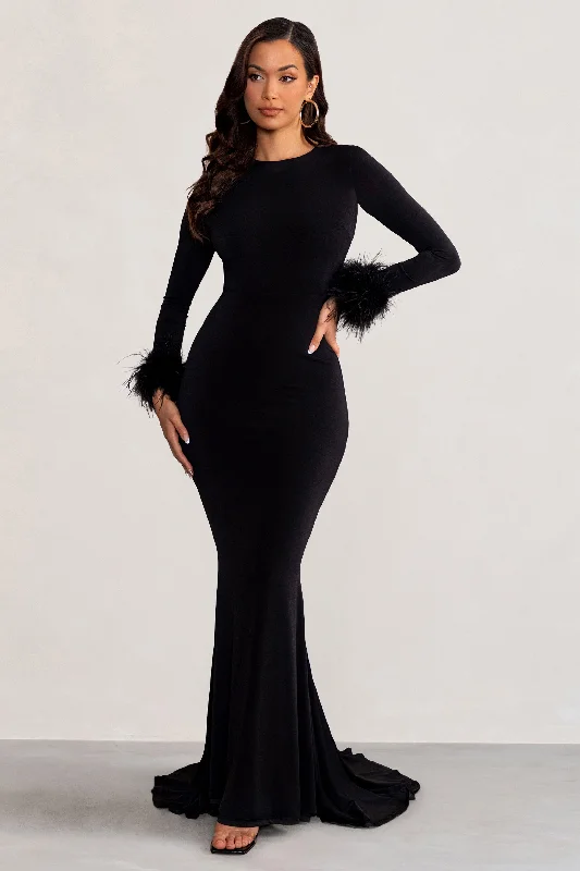 Women's Stylish Vacation Attire Bold Silhouette Betty | Black High Neck Long Sleeve Maxi Dress with Feather Cuffs