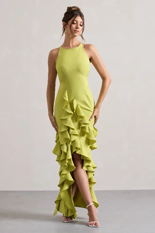 Timeless Women's Outfit Lightweight Fabric Sommer | Lime Green Racer-Neck Ruffle Maxi Dress