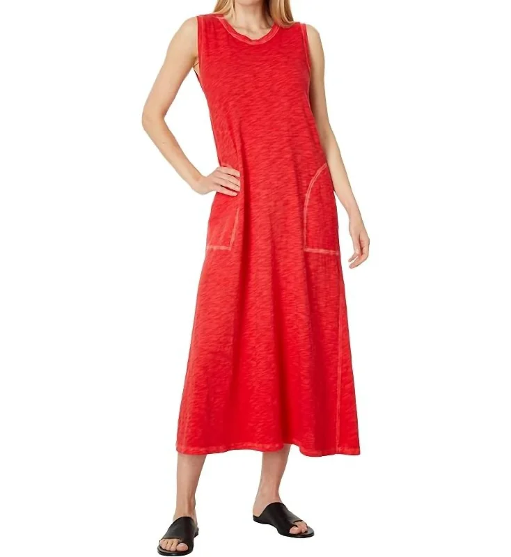 Women's Chic Outerwear Garments Luxury Comfort Enzyme Washed Jersey Sleeveless Maxi Dress With Pockets In Poppy