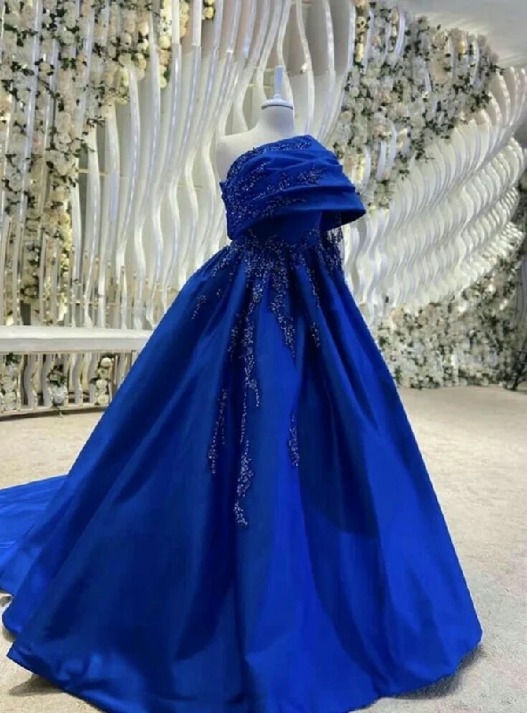 Women's Travel Garments Artful Design Sexy Ball Gown Strapless Royal Blue Prom Dress With Pleated Long Satin Prom Dresses Party Dress C3303