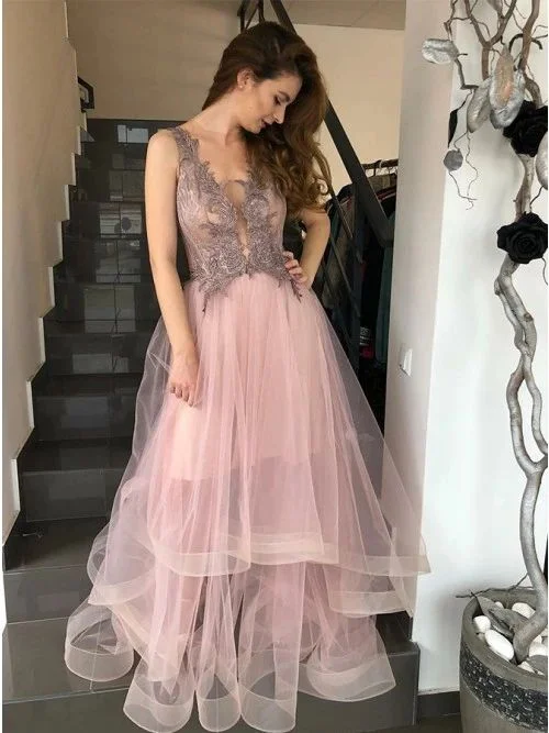 Women's Trendy Apparel Everyday Glamour Elegant V-neck Sleeveless Pink Prom Dress with Appliques  cg7210