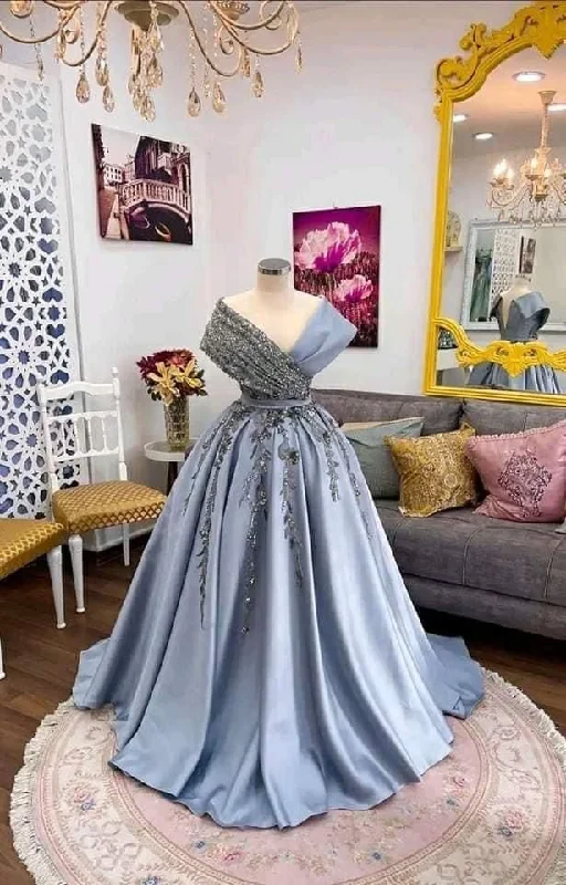 Women's Activewear Apparel Sophisticated Cut Pretty Ball Gown V Neckline Light Sky Blue Satin Long Evening Dress Prom Dresses With Flowers C3694