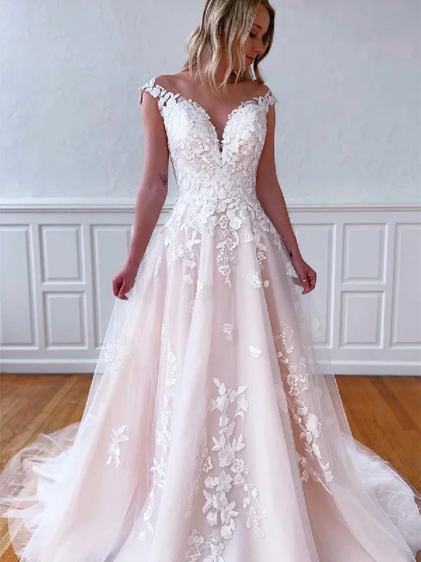 Women's Contemporary Apparel Great Deals on Ethnic Cultural Wear Off The Shoulder Blush Pink Lace Tulle Wedding Dresses, Long Bridal Gown, 2021 Wedding Dresses