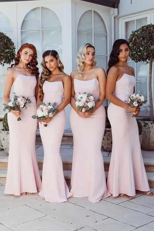 Women's Fashionable Clothing Sets Classic Charm Bridesmaid Dresses Simple Strapless Satin Cheap Long