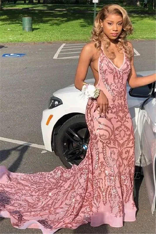 Women's Evening Apparel Dreamy Aesthetic Elegant Mermaid Deep-V-Neck Halter Sleeveless Appliques Prom Dresses  cg7640