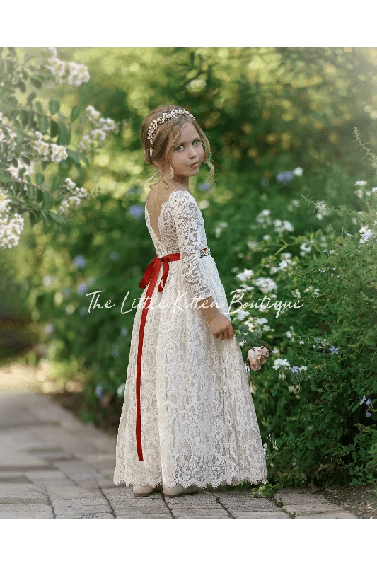 Women's Trendy Attire Romantic Detailing Long Sleeve Lace Flower Girl Dress