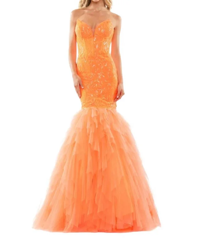 Women's Clothes And Garments Soft Textures Sequin Bustier Prom Gown In Orange