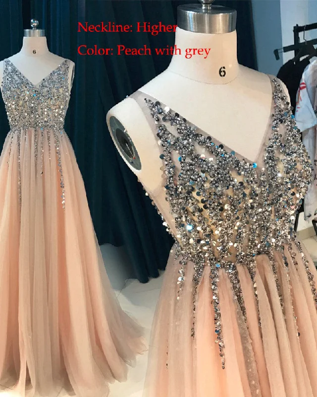 Women's Clothes For Work Fashion-Forward Style Peach/Gray V Neck Sequins Beading Long Sexy See Through Formal Gowns Prom Dresses PL541