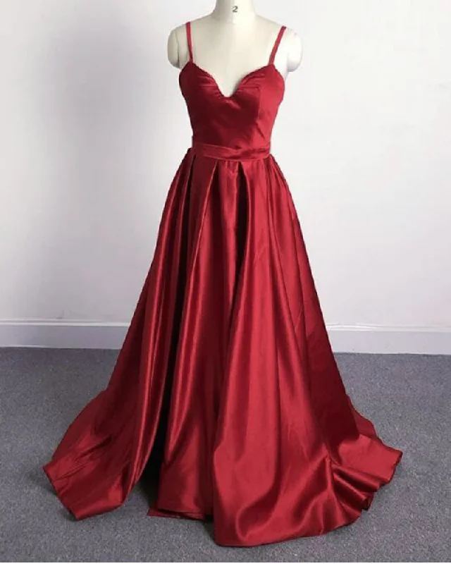 Women's Night-Out Outfit Romantic Flair Siaoryne Burgundy A Line Satin Spaghetti Straps Women Long Evening Dresses with Slit PL2145