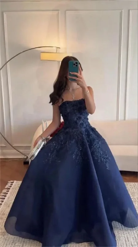 Women's Relaxed Clothes Graceful Drape Vintage Ball Gown Strapless Navy Blue Satin Lace Long Evening Dress Prom Dresses C3682