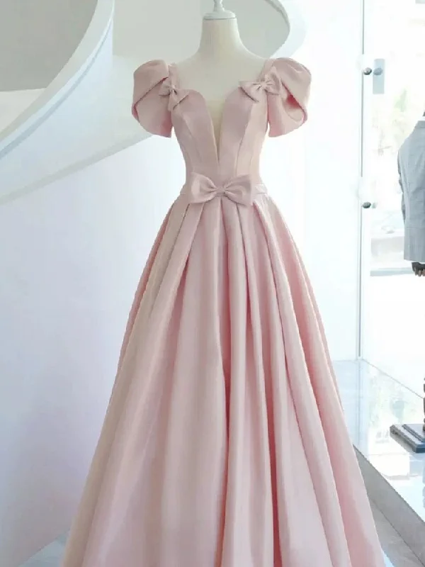 Comfortable Women's Clothing Effortless Sophistication Elegant A line Square Neckline Satin Short Sleeves Pink Evening Dress Long Prom Dresses C3579