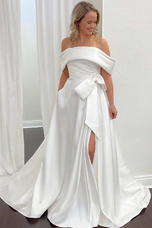 Women's Layered Outfit Subtle Sophistication White Satin Off-the-Shoulder Bow A-Line Bridal Gown with Slit