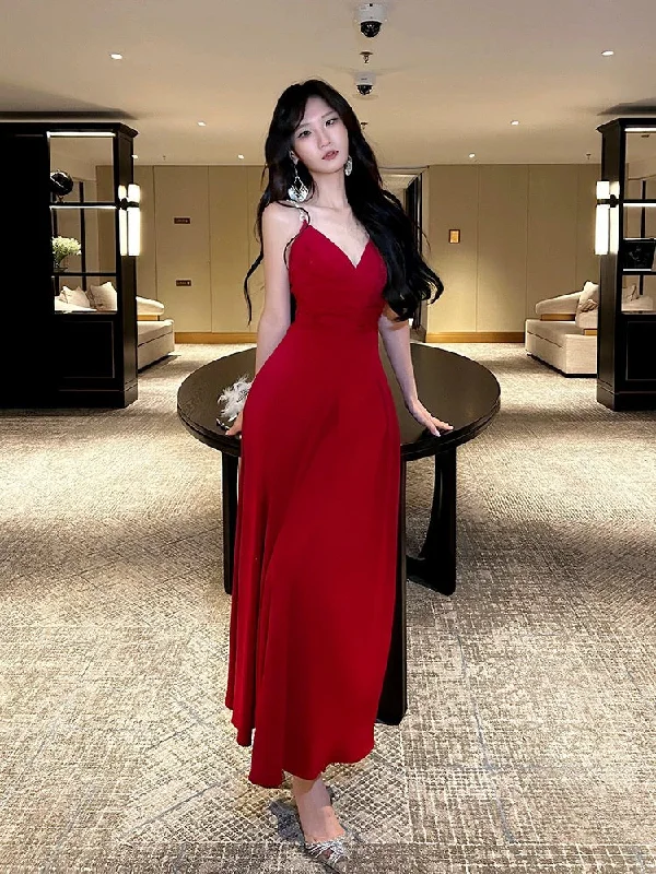 Women's High-Fashion Clothes Minimalist Chic Pretty A line Straps Red Long Satin Prom Dresses Formal Evening Dress C2675