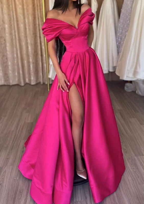 Modern Women's Outfit Contemporary Chic Women High Side Slit Prom Dress Long Off-the-Shoulder Evening Gowns Satin Formal Party Dress YPD781