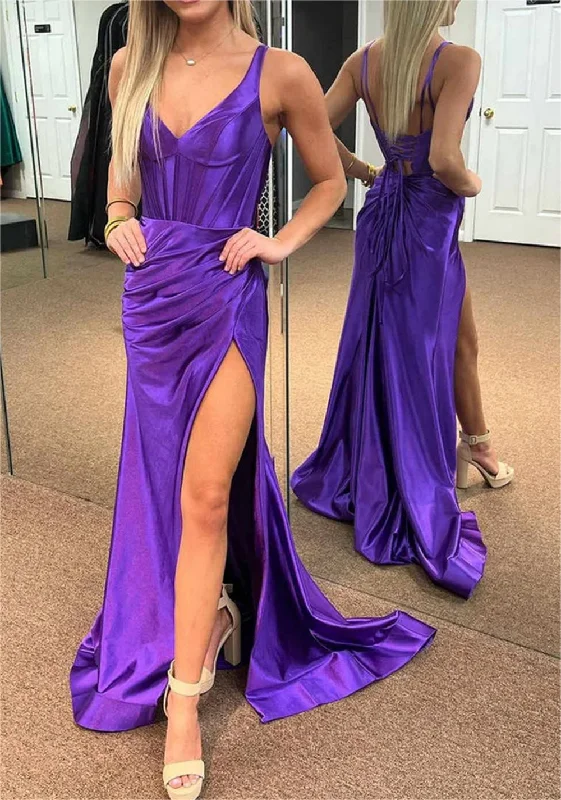 Women's Clothing For Travel Tropical Island - Inspired Attire Women Mermaid Satin Prom Dresses Long V Neck Split Evening Gowns Sleeveless Formal Party Dress YPD645