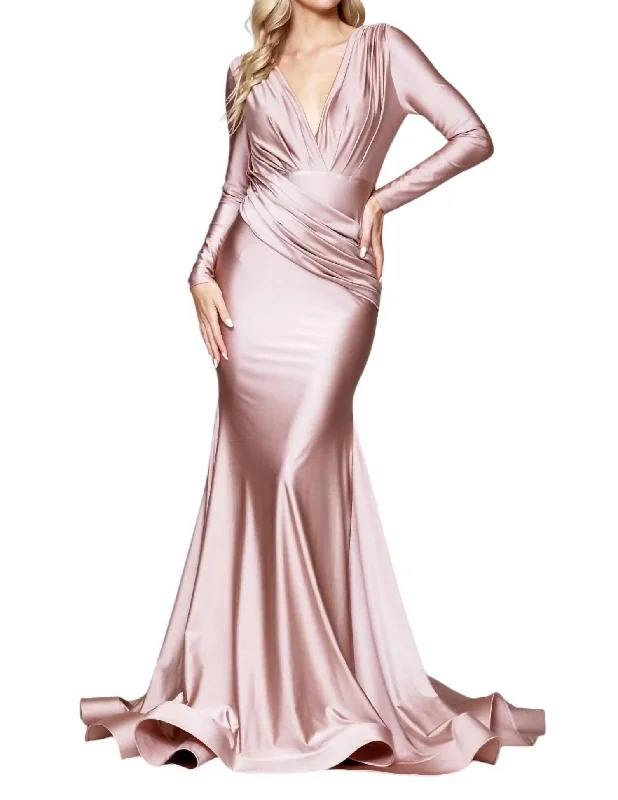 Women's Comfortable Garments Flowy Fabric Fitted Long Sleeve Lycra Gown In Dusty Rose