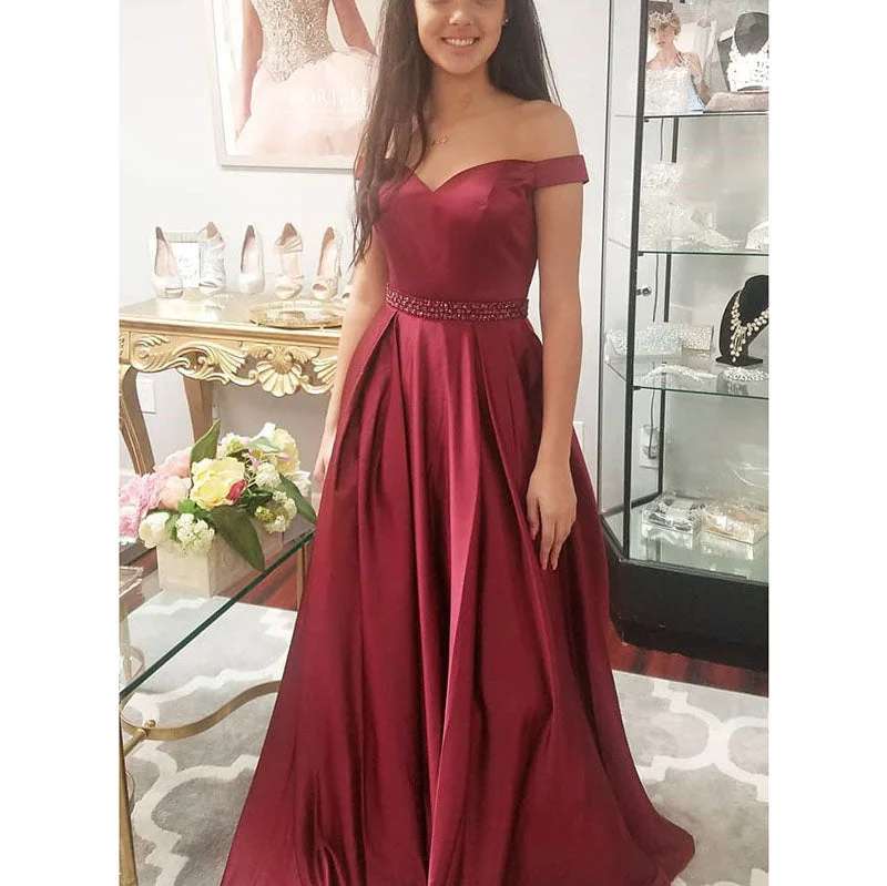 Women's Outerwear Attire Graceful Movement Fancy Off Shoulder Burgundy Senior Prom Dresses with Beading Belt 2020 Satin A Line Girls Formal Party Gown