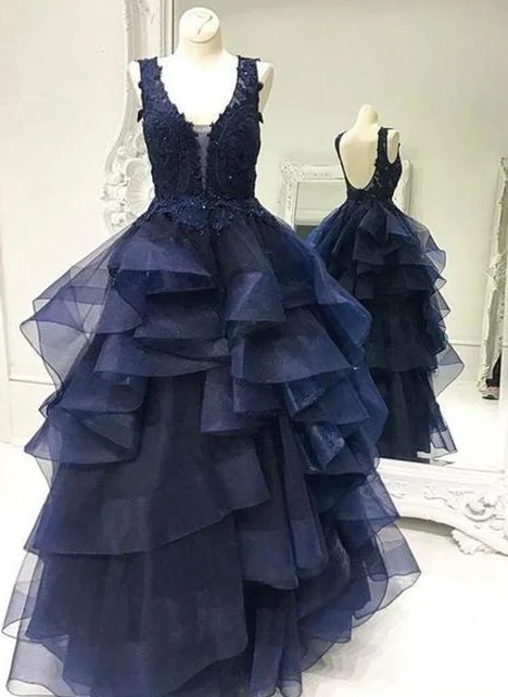 Stylish Clothes For Women Tropical Island - Inspired Attire Navy Blue Sleeveless A Line Prom Dresses,Lace Appliques Evening Dress  cg4775