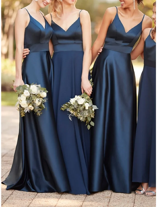 Comfortable Lounge Clothing Urban Sophistication Sheath / Column Bridesmaid Dress Spaghetti Strap / V Neck Sleeveless Blue Floor Length Satin with Pleats / Solid Color