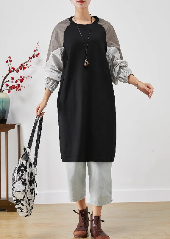 Formal Garments For Women Charming Silhouette Modern Black Oversized Patchwork Cotton Sweatshirt Dress Fall