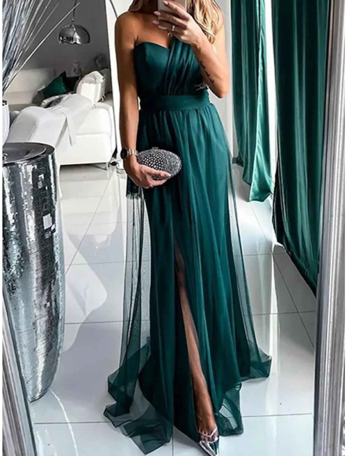 Women's Active Clothing Minimalist Chic Sheath / Column Bridesmaid Dress One Shoulder Sleeveless Elegant Sweep / Brush Train Tulle with Pleats / Split Front