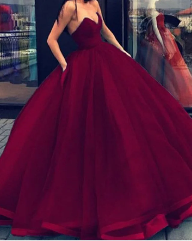 Women's Evening Clothes Lightweight Fabric Burgundy Wine Red Princess Ball Gown Debutante Prom Dresses Strapless PL228