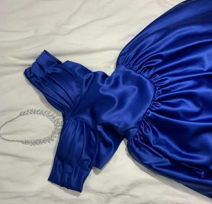 Stylish Women's Garments For Holidays Elegant Details Sexy A line Off The Shoulder Royal Blue Prom Dress With Pleated Long Satin Prom Dresses Party Dress C3300