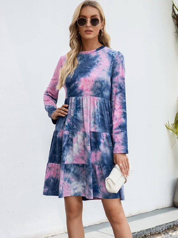 Women's Comfy Loungewear Outfit Refined Simplicity Tie-Dye Round Neck Long Sleeve Tiered Dress