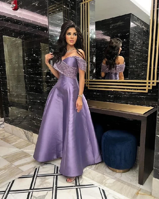 Women's Evening Apparel Bold Patterns Pretty A Line Off The Shoulder Lilac Satin Beads Long Prom Dress Evening Dresses C3702