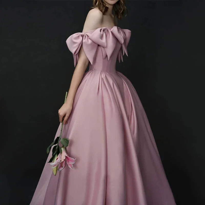 Women's Clothing For Work Classic Timeless Elegant Style Elegant A line Off The Shoulder Satin Pink Evening Dress Long Prom Dresses C3574