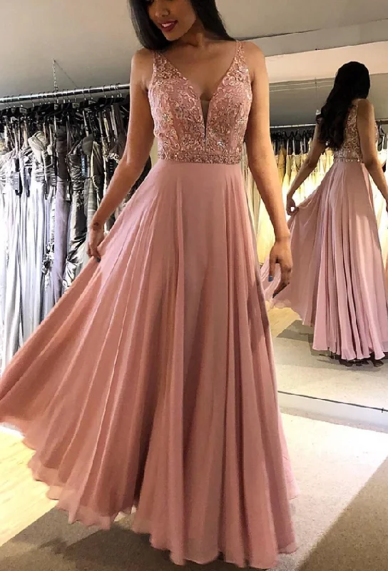 Casual Clothes For Women Coastal Beach - Inspired Style Blush V Neck Sleeveless Floor Length Prom Dresses, Sparkly Chiffon Long Formal Dress  cg4952