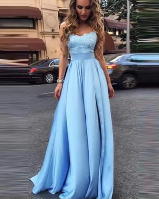 Affordable Women's Attire Feminine Grace Sky Blue Sweetheart Long Prom Dresses,Satin Formal Gowns for Girls 2021