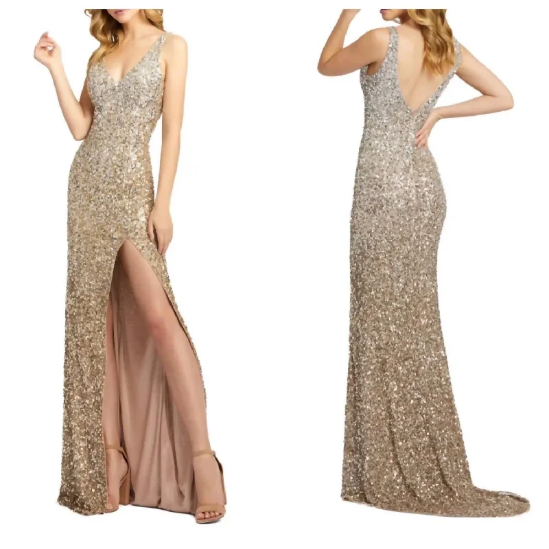 Women's Night-Out Clothes Flash Sale V-Neck Sequin Gown In Shimmering Gold