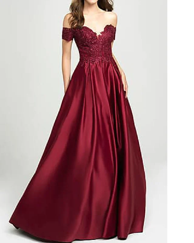 Women's Weekend Outfit Elegant Ensemble Off Shoulder lace Satin Burgundy  A Line Evening Dress Long 2019