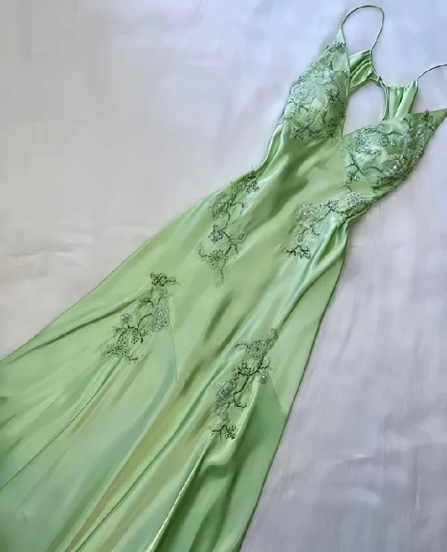 Women's Evening Outfit Feminine Charm Pretty Mermaid V Neckline Green Satin Backless Evening Dress Prom Dresses With Beads C3416