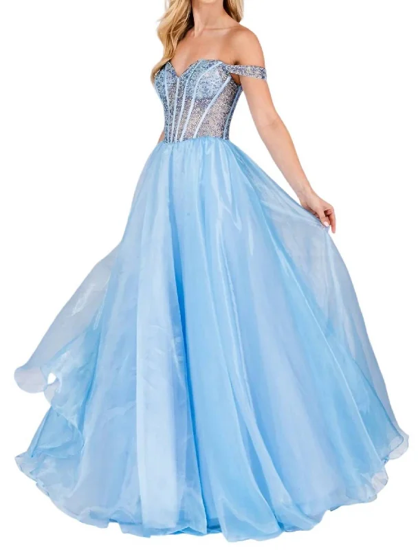 Chic Women's Garments Luxury Comfort Beaded Off Shoulder Organza Gown In Baby Blue