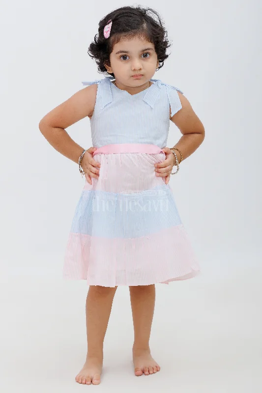 Formal Clothing For Women Bold Patterns Blue and Pink Tiered Sleeveless Cotton Frock