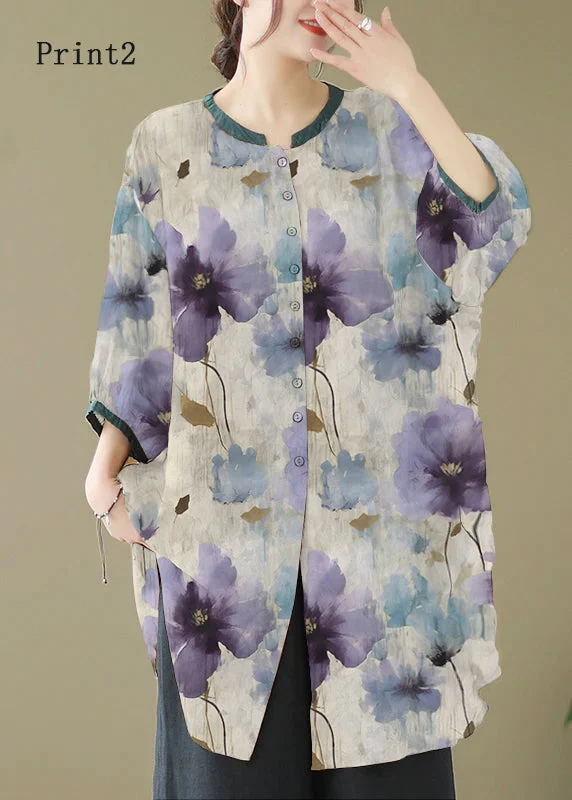 Women's Work Outfit Luxury Comfort Print2 Linen Shirt Dresses O-Neck Oversized Lantern Sleeve