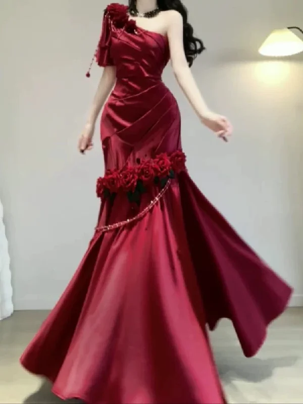 Women's Versatile Apparel Great Deals on Ethnic Cultural Wear Vintage Mermaid One Shoulder Burgundy Satin Long Floor Length Prom Dresses C3606