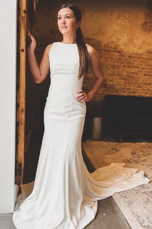 Comfortable Garments For Women Today Only White Bateau Cutout Back Trumpet Long Wedding Dress