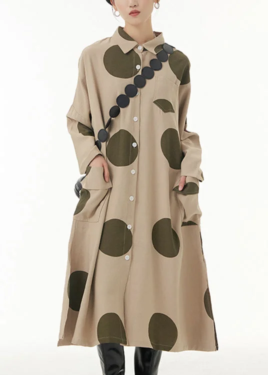 Women's Vacation Garments Contemporary Elegance Italian Khaki Asymmetrical Maxi Shirt Dress Long Sleeve