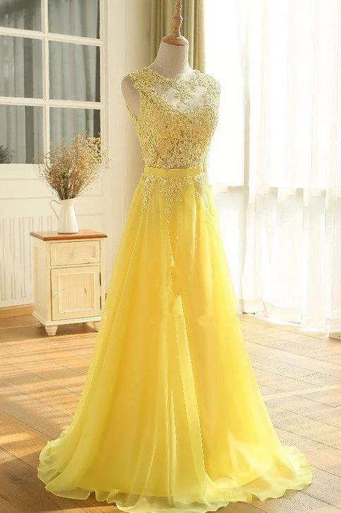 Women's Comfortable Lounge Outfit Boho - Chic Festival - Ready Style Yellow Floor Length A Line Beading Appliques Sashes Sleeveless Chiffon Long Prom Dress  cg6519