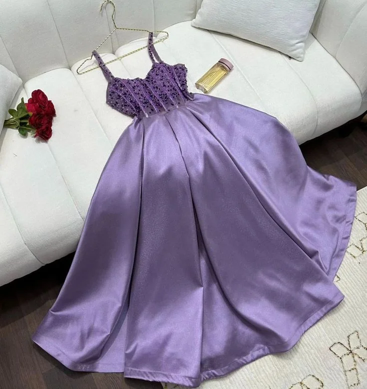 Vintage-Inspired Women's Apparel Dreamy Draping Pretty A Line Spaghetti Straps Lilac Satin Evening Dress Prom Dresses With Beads C3679