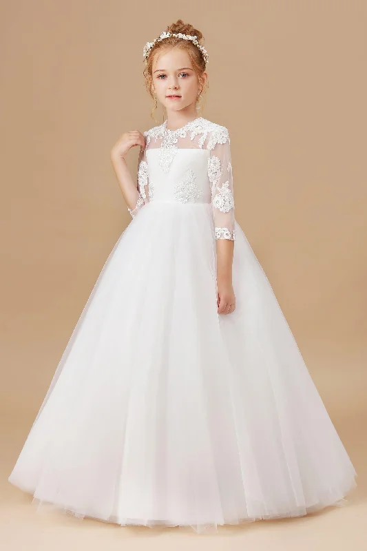 Women's Clothing For Outdoor Events Vintage Charm Tulle Satin White Lace Princess Flower Girl Dress