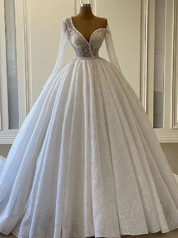 Affordable Women's Clothing Dreamy Draping Gorgeous Sequin Lace Long Ball Gown Wedding Dresses, Long Sleeves Wedding Dresses, 2021 Wedding Dresses