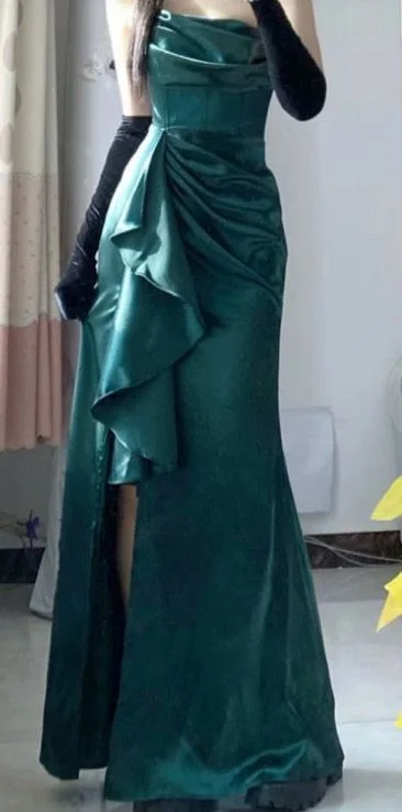 Women's Casual Wear Outfit Vintage Elegance Elegant Mermaid Strapless Green Long Length Satin Slit Prom Dresses Birthday Outfits CC3549