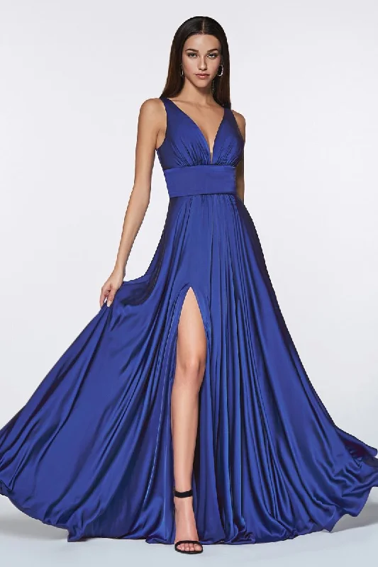 Women's Occasion Wear Clothing Coastal Beach - Inspired Style Ladivine 7469 Size 14,20,22,24 Royal Long Bridesmaids Dress Simple Slit Satin Formal V Neck A Line Evening Gown